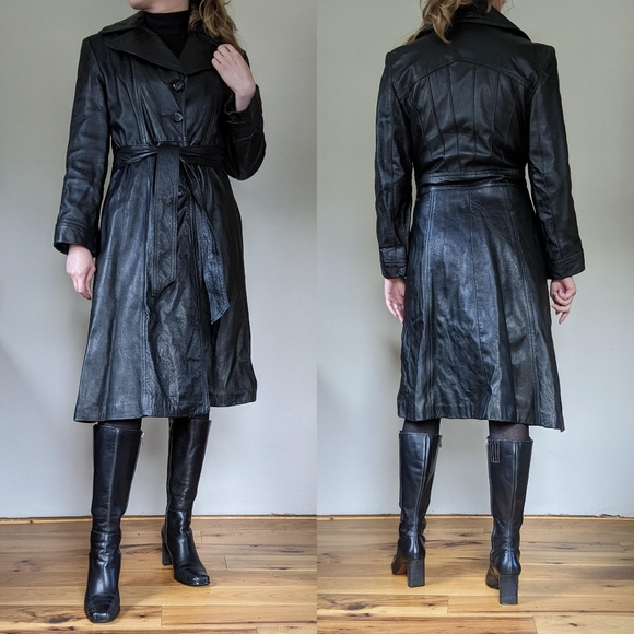 Vintage Black Leather Trench Coat - Picture 5 of 6